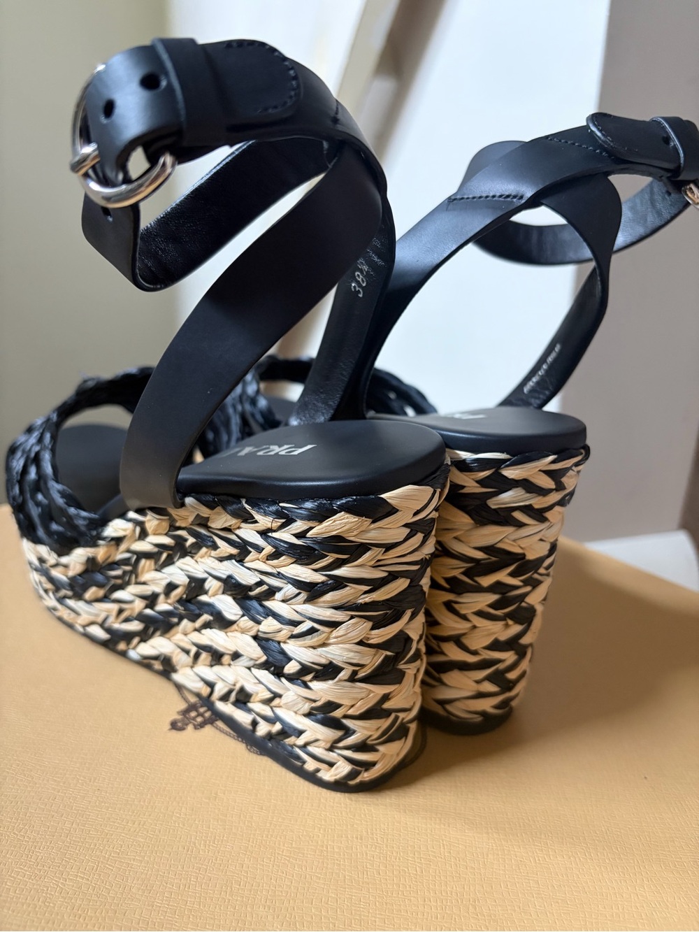 Prada Black Braided Leather & Woven Raffia Platform Wedge Sandals - Picture 11 of 12